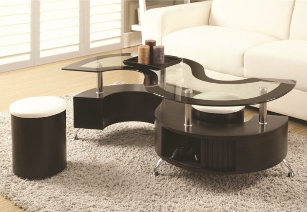 Espresso Glass Top Coffee Table with 2 White Stools