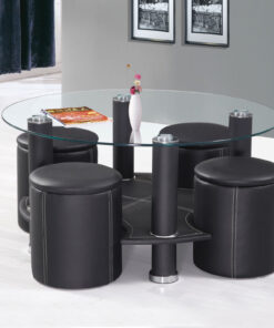 Glass Top Coffee Table with 4 Black Stools