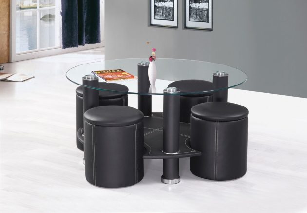 Glass Top Coffee Table with 4 Black Stools