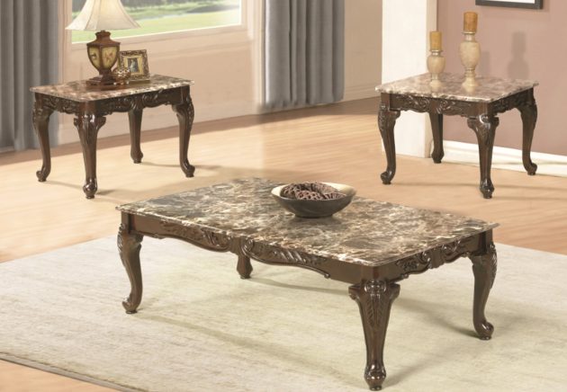 Walnut Wood Coffee Table Set with Marble Top