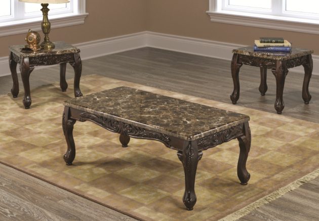 Walnut Coffee Table Set with Marble Tops