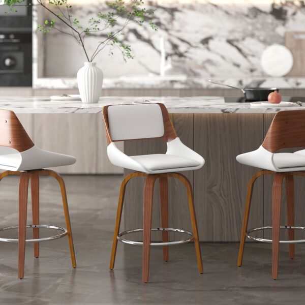 Alternative view of Hudson 26" Counter Stool with Swivel in White Faux Leather and Walnut
