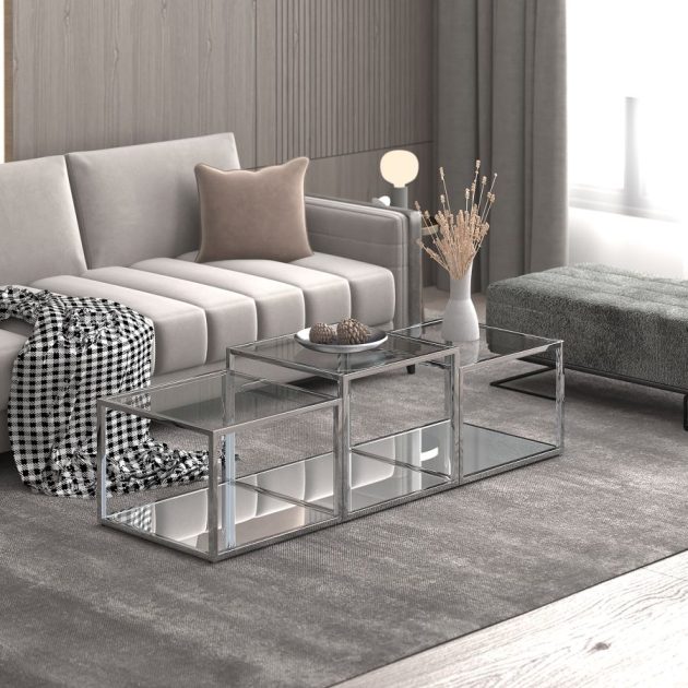 Casini 3pc Multi-Tier Coffee Table Set In Silver - Image 2