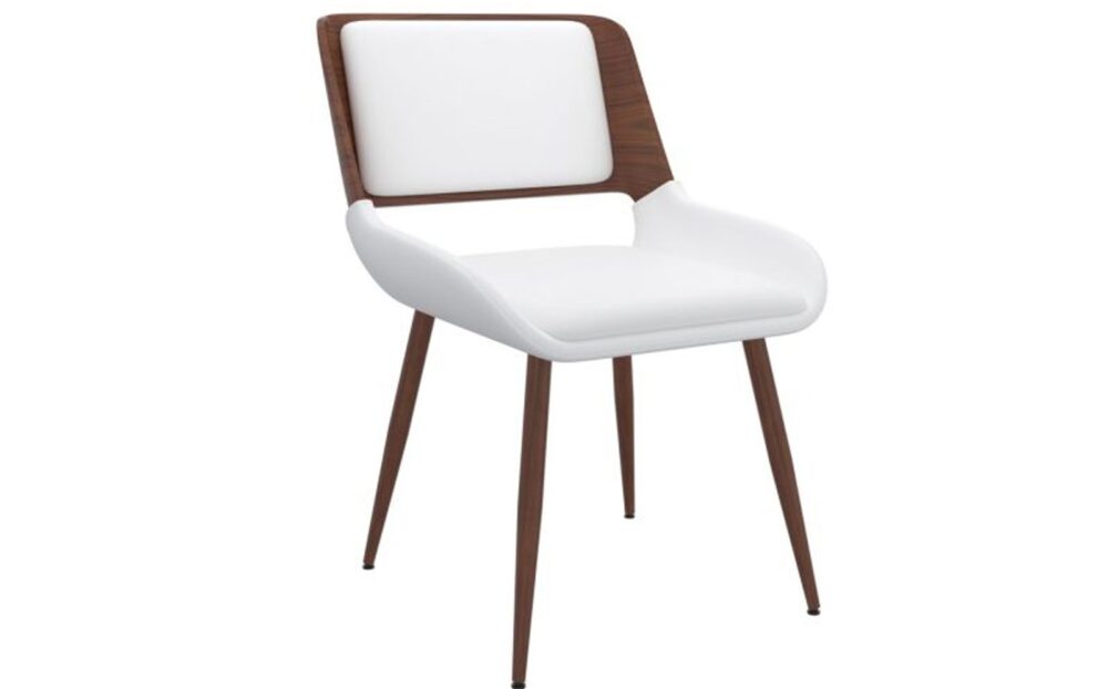 Hudson Side Chair In White Faux Leather And Walnut