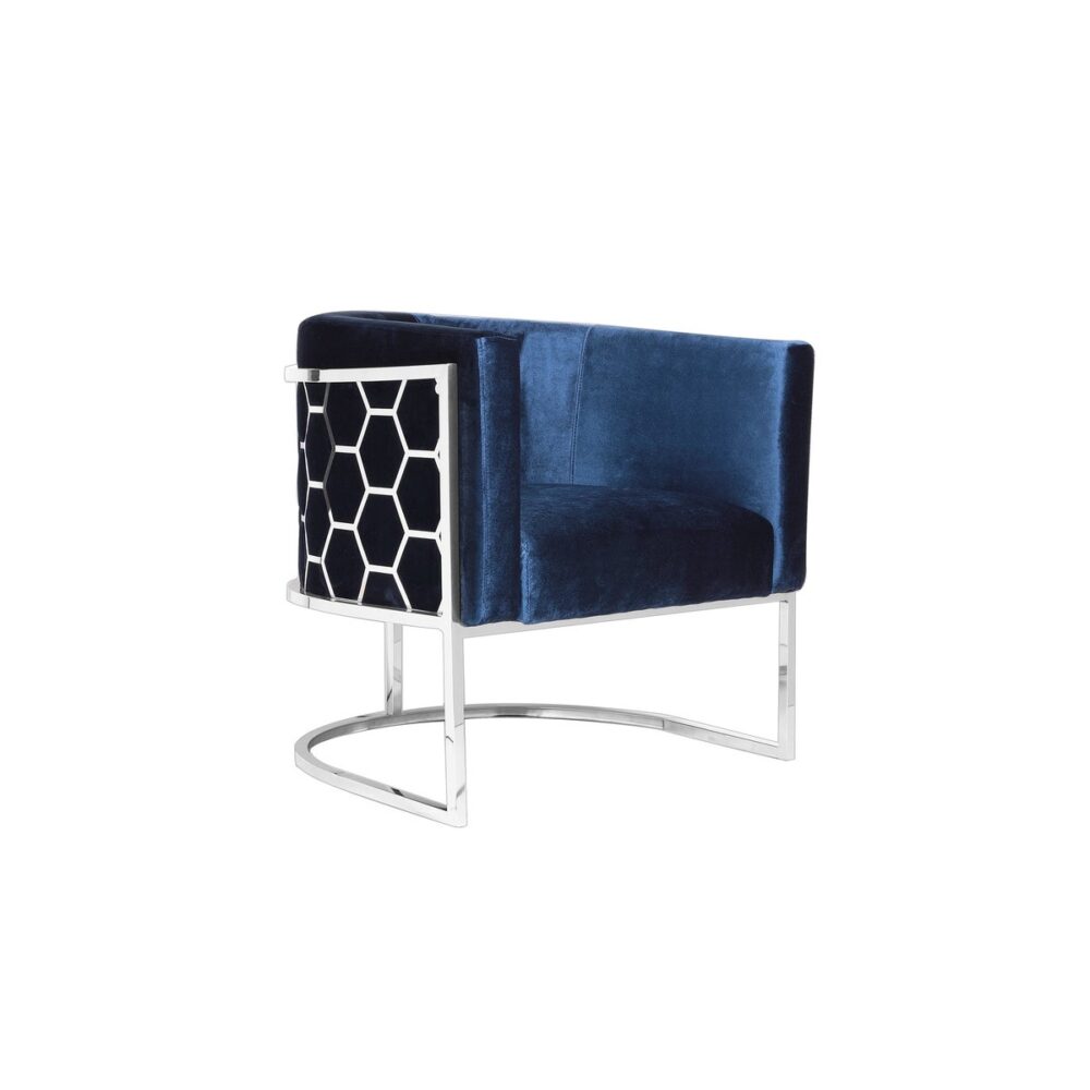 HONEYCOMB Accent Chair GY-AC-8148, Blue velvet, Polished steel frame