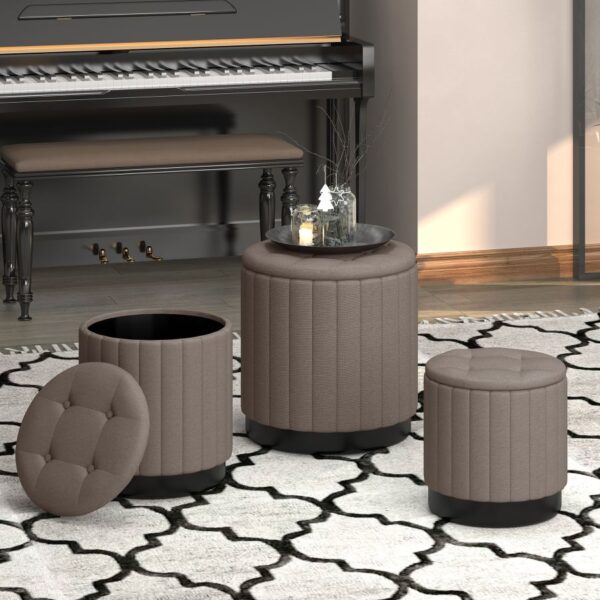 Alternative view of Lexi 3pc Round Storage Ottoman Set in Warm Grey and Black