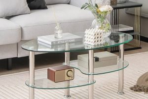 Tempered Glass Coffee Table with Curved Shelf