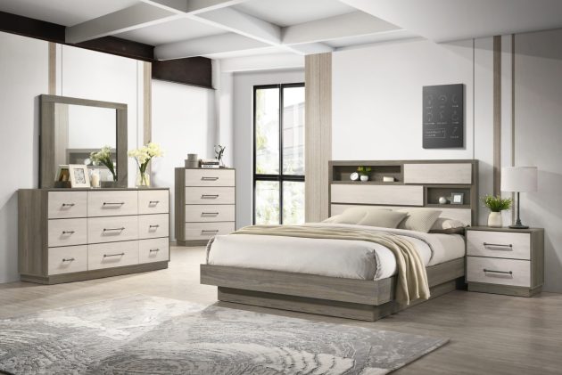 Queen 8 Piece Bedroom Set Natural Whitewash Finish