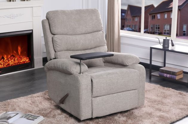 Description Our Swivel Rocker Recliner is designed for those who seek the ultimate in comfort. Sink into a world of relaxation with overstuffed cushioning in the back, seat, and arms. You’ll never want to leave your spot. Effortless Reclining and Swivel: Experience the convenience of our paddle designed reclining function. Effortlessly recline back and enjoy your favourite book, show, or simply a peaceful nap. And with full swivel for 360-degree movement, you can easily reach for your essentials without getting up. Functional Removable Tray: We’ve included a removable tray to enhance your experience. Keep your snacks, beverages, or reading materials within arm’s reach. Our Swivel Rocker Recliner ensures that everything you need is right at your fingertips. Exquisite Chenille Linen Fabric: Draped in lush, soft, beige chenille linen fabric, this recliner is as beautiful as it is comfortable. The elegant beige tone complements a wide range of interior decor styles and adds a touch of sophistication to your space. Quality Craftsmanship: Our Swivel Rocker Recliner is built with quality and longevity in mind. The robust construction and fine craftsmanship ensure you can enjoy its comfort and functionality for years to come. Reference# Size in inch Materials Colours T1018 | Swivel Rocker Recliner Chair 34”W 29”D 40.5”H Chenille Linen Fabric Beige