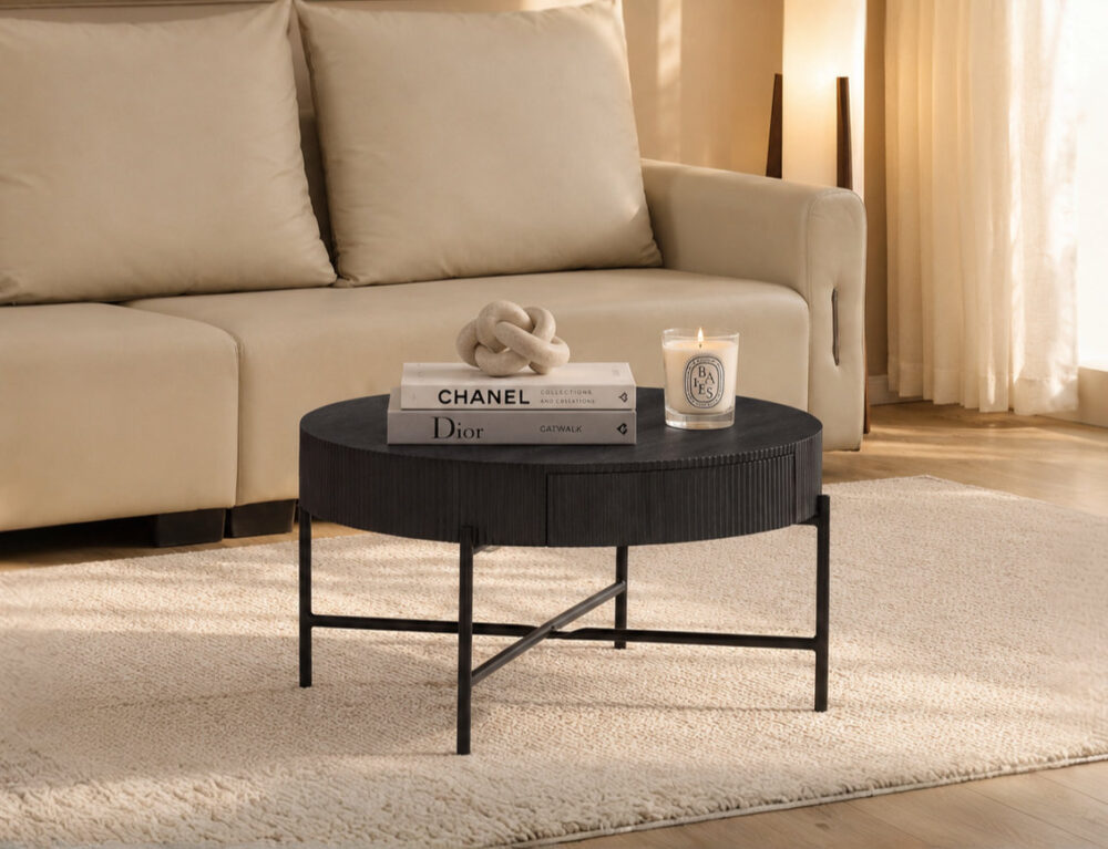 IF-3212 Round Black Coffee Table with Hidden Storage Drawer