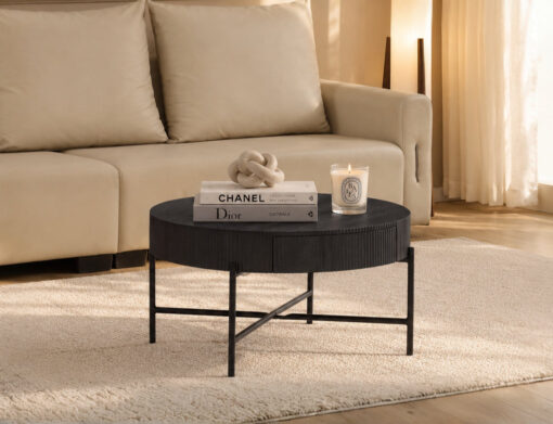 IF-3212 Round Black Coffee Table with Hidden Storage Drawer